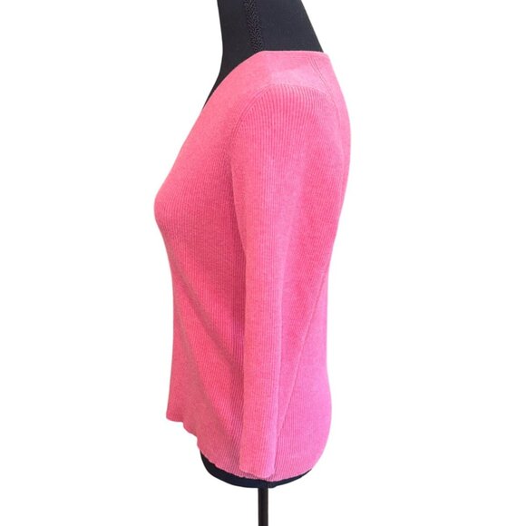 Eddie Bauer Pink Stretch Pima Cotton V-Neck Ribbed Knit Sweater 3/4 Sleeves L - Picture 4 of 9